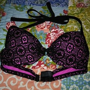Pink with Black Lace Halt Push up Bikini Top 36B